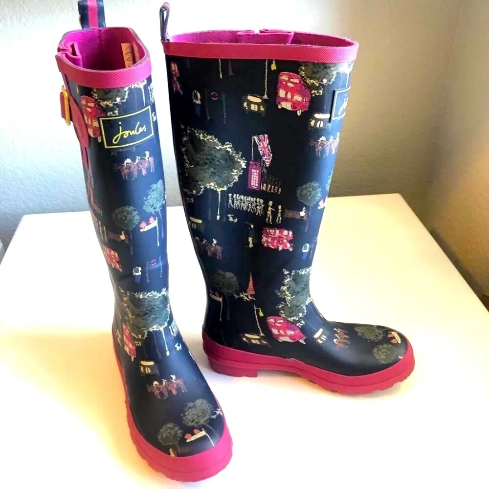 NWT JOULES Welly Print Wellies Tall Rain Boots London Scenery Gray/Pink 5